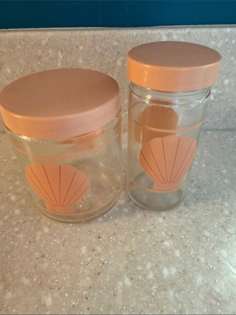 Set of 2 Glass Storage Jars with Seashell Motif - Peach Lids